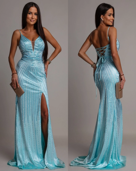 Elegancka sukienka welur MAXI z cyrkoniami niebieska PREMIUM