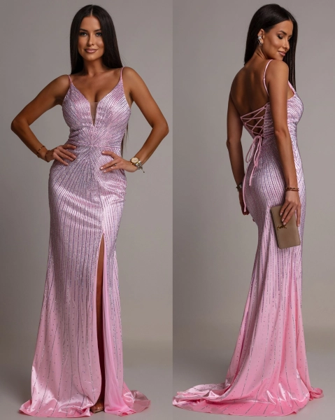 Elegancka sukienka welur MAXI z cyrkoniami różowa PREMIUM