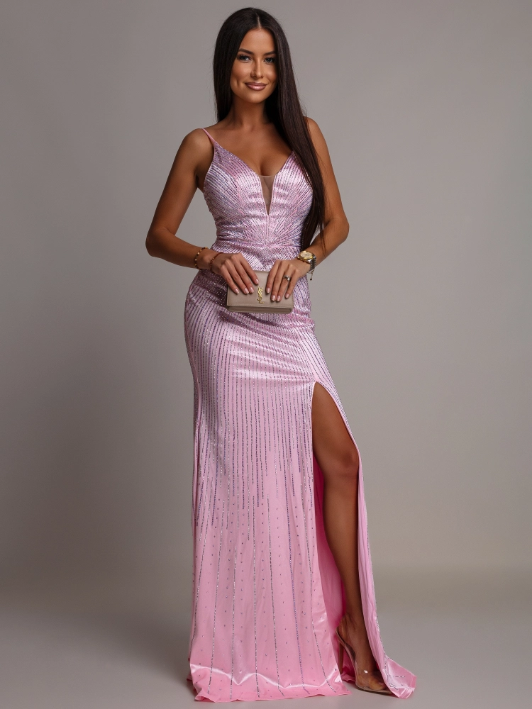 Elegancka sukienka welur MAXI z cyrkoniami różowa PREMIUM