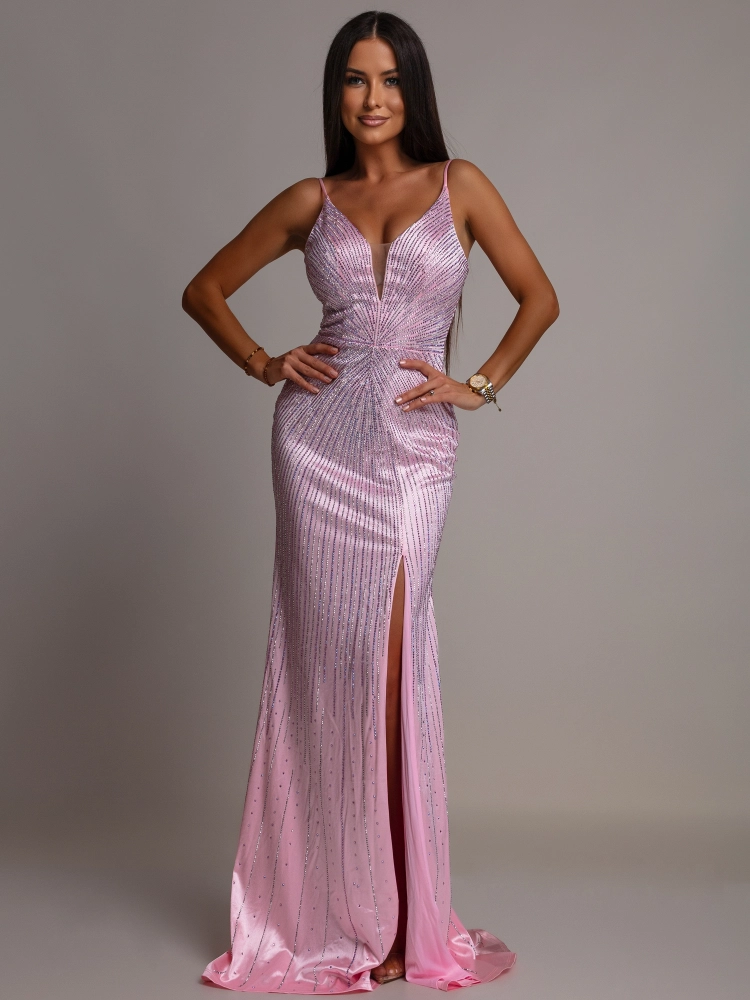 Elegancka sukienka welur MAXI z cyrkoniami różowa PREMIUM