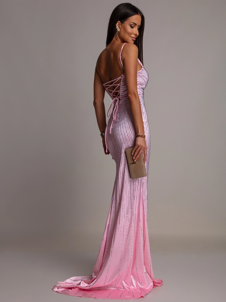Elegancka sukienka welur MAXI z cyrkoniami różowa PREMIUM