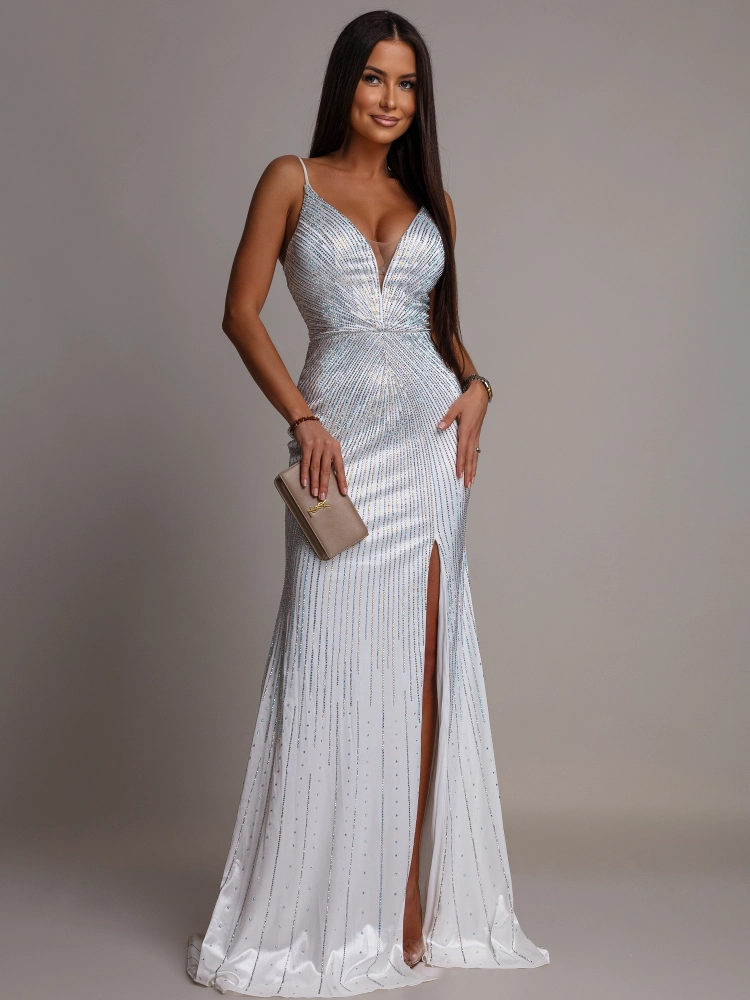 Elegancka sukienka welur MAXI z cyrkoniami biała PREMIUM
