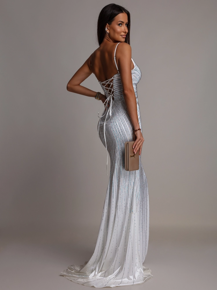 Elegancka sukienka welur MAXI z cyrkoniami biała PREMIUM
