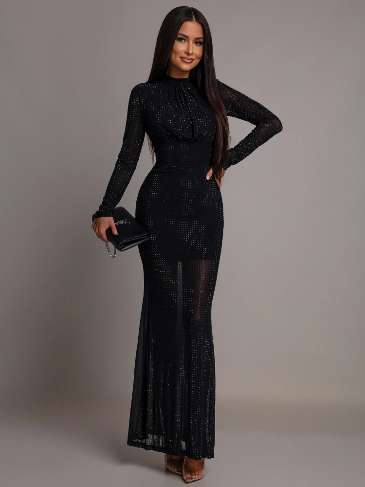 Sukienka z cyrkoniami maxi elegancka czarna