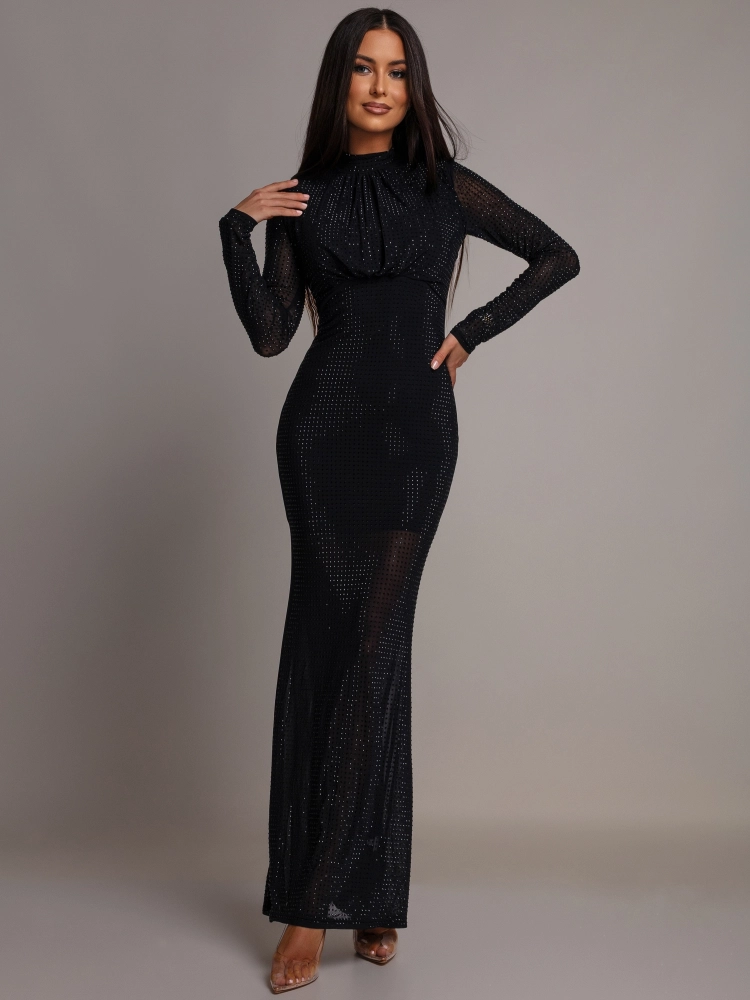 Sukienka z cyrkoniami maxi elegancka czarna