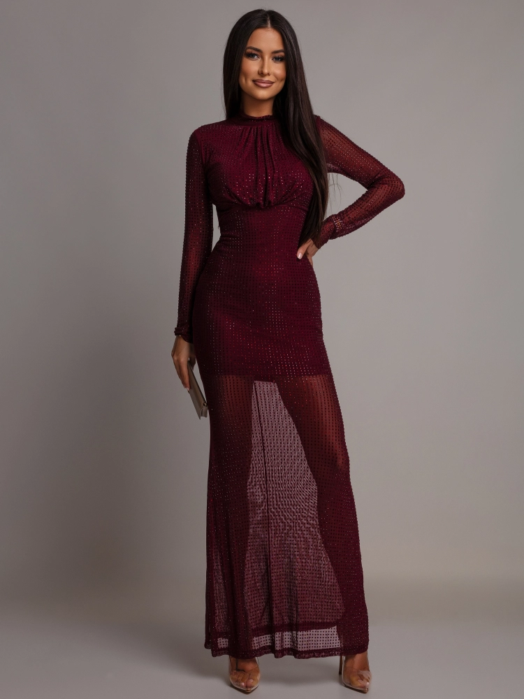 Sukienka z cyrkoniami maxi elegancka bordowa