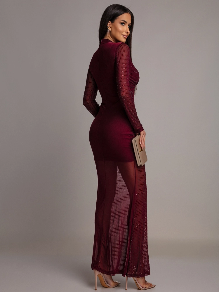 Sukienka z cyrkoniami maxi elegancka bordowa