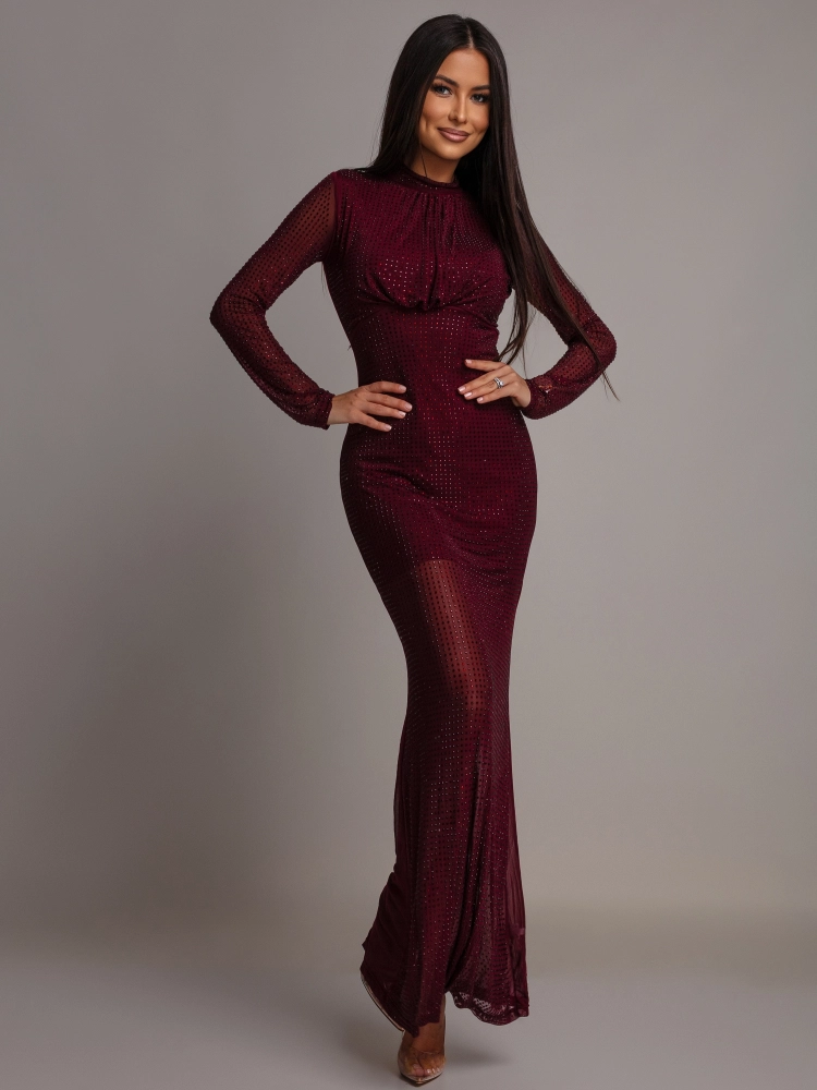 Sukienka z cyrkoniami maxi elegancka bordowa