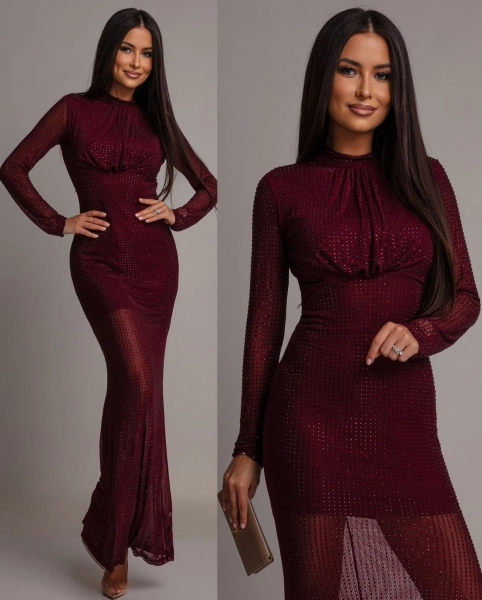 Sukienka z cyrkoniami maxi elegancka bordowa