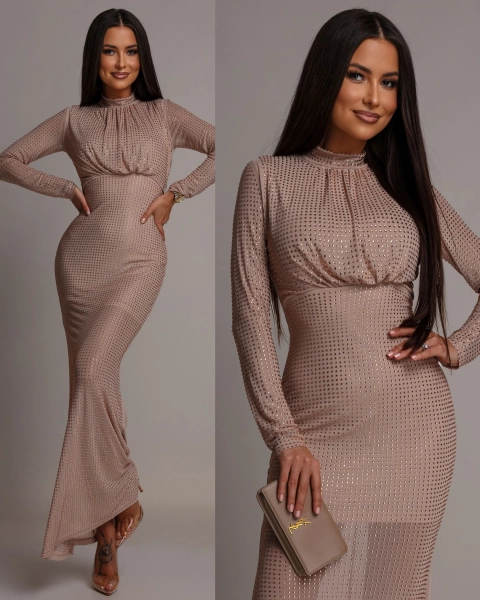 Sukienka z cyrkoniami maxi elegancka beżowa