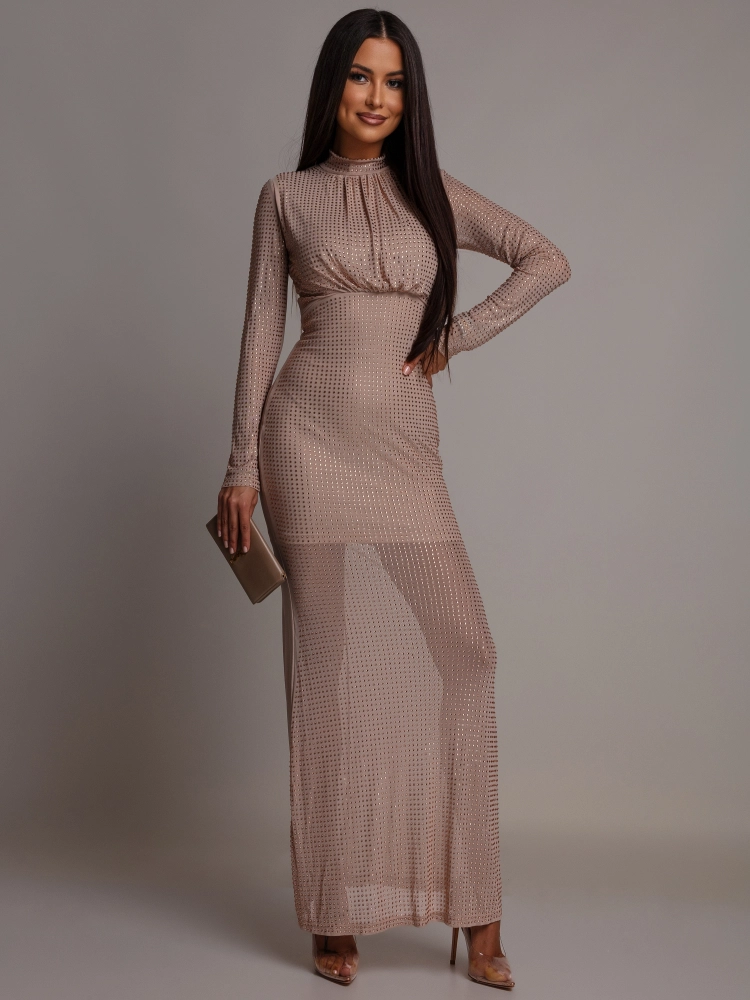 Sukienka z cyrkoniami maxi elegancka beżowa