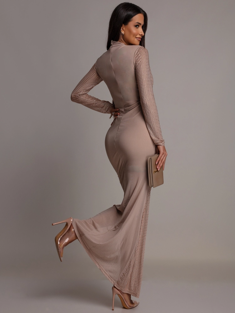 Sukienka z cyrkoniami maxi elegancka beżowa