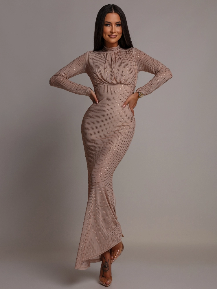 Sukienka z cyrkoniami maxi elegancka beżowa