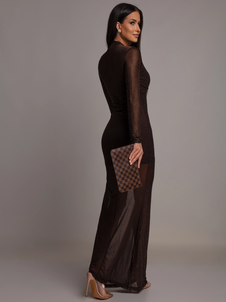 Sukienka z cyrkoniami maxi elegancka czekoladowa