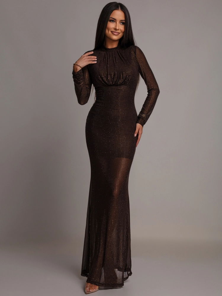 Sukienka z cyrkoniami maxi elegancka czekoladowa