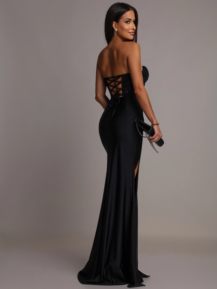 Elegancka sukienka maxi zdobiony gorset czarna PREMIUM