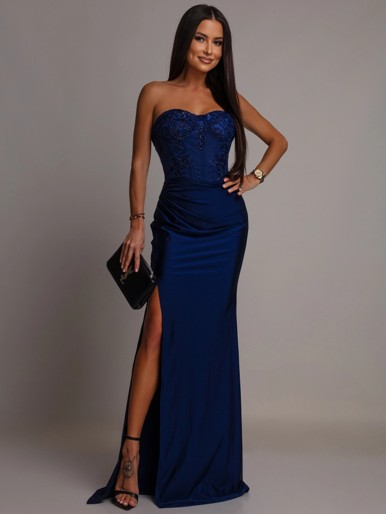 Elegancka sukienka maxi zdobiony gorset granatowa PREMIUM