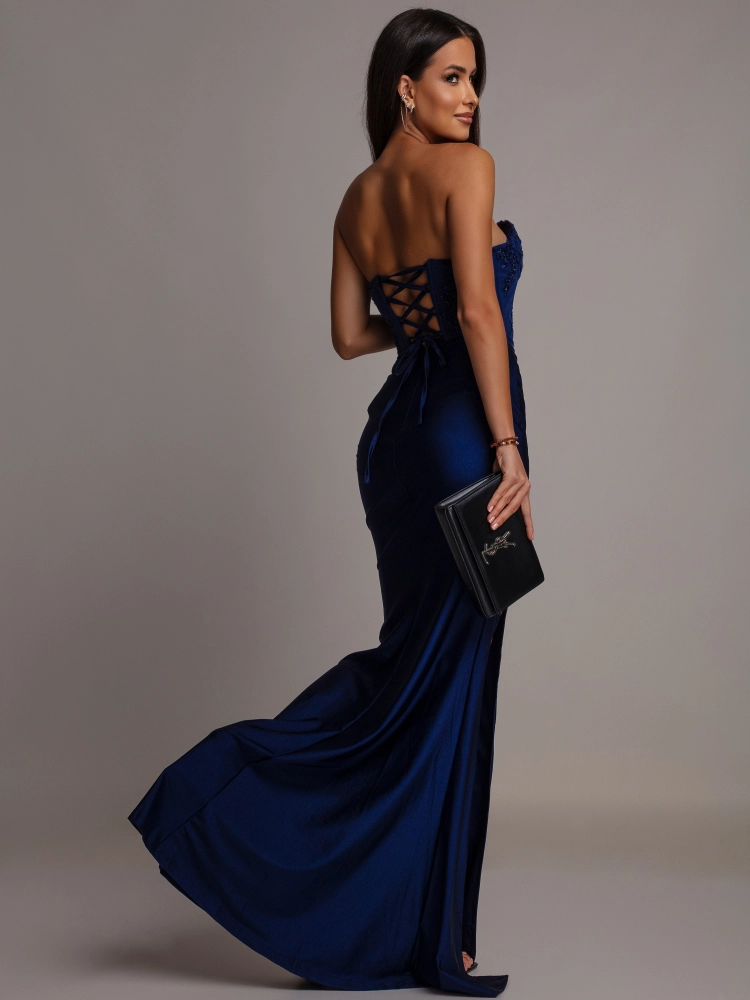 Elegancka sukienka maxi zdobiony gorset granatowa PREMIUM