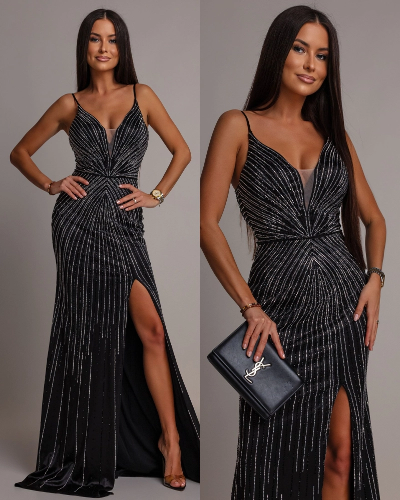 Elegancka sukienka welur MAXI z cyrkoniami czarna PREMIUM