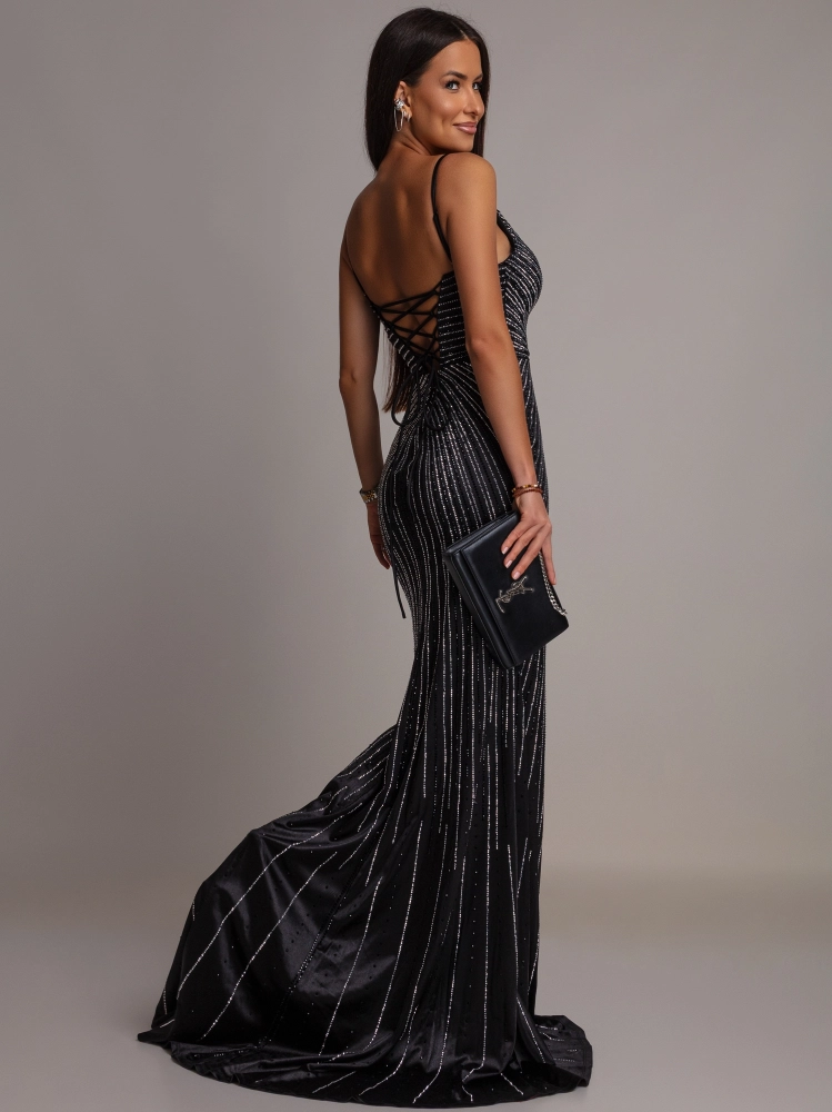 Elegancka sukienka welur MAXI z cyrkoniami czarna PREMIUM