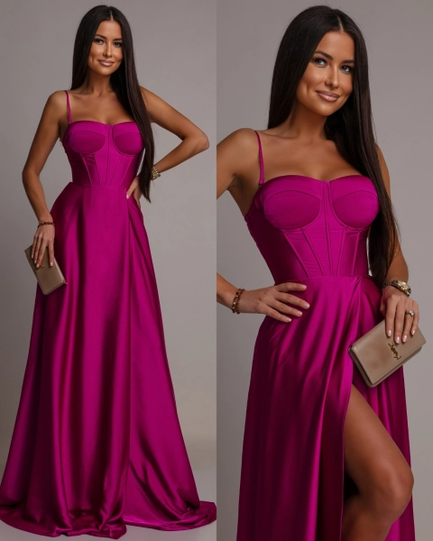 Elegancka sukienka maxi wiązana na plecach satynowa fuksja II PREMIUM