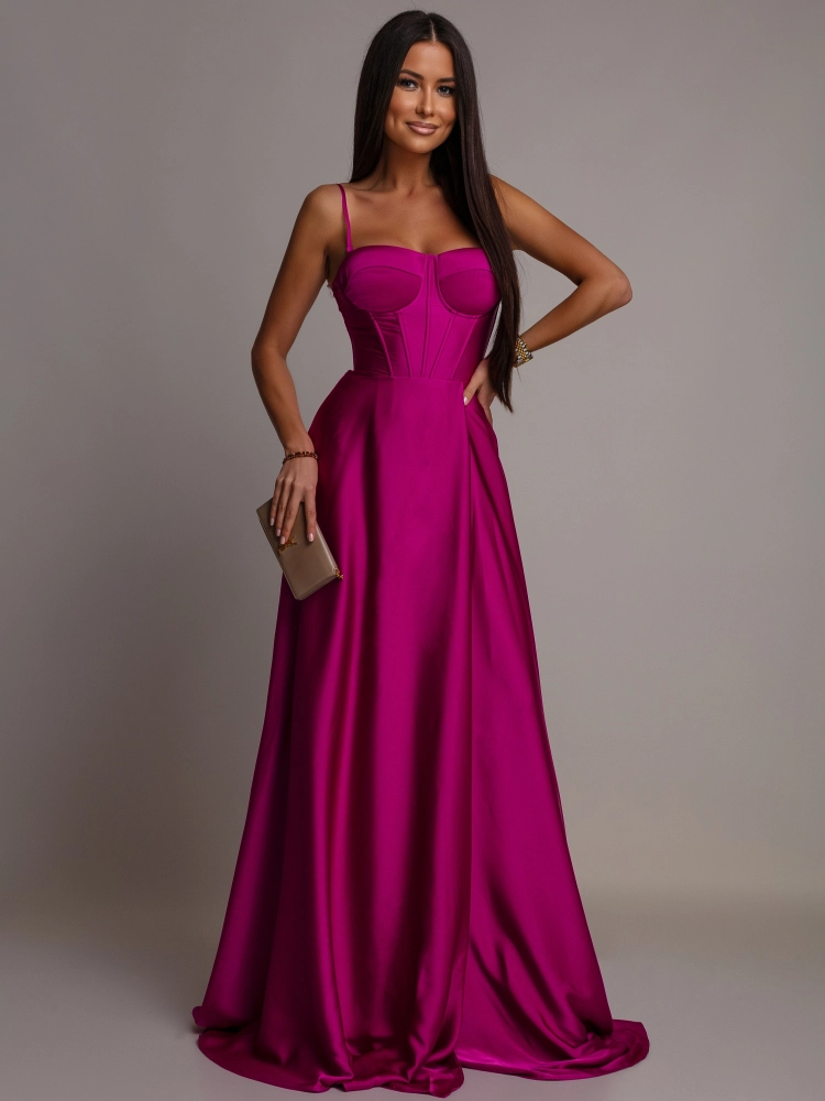 Elegancka sukienka maxi wiązana na plecach satynowa fuksja II PREMIUM