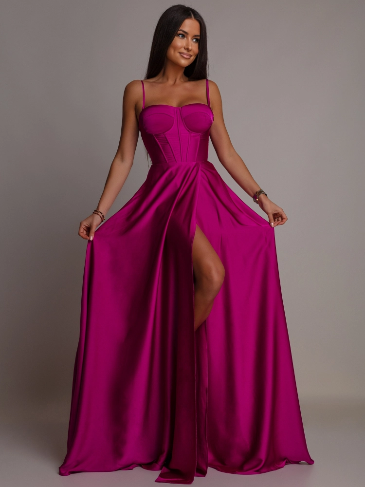 Elegancka sukienka maxi wiązana na plecach satynowa fuksja II PREMIUM