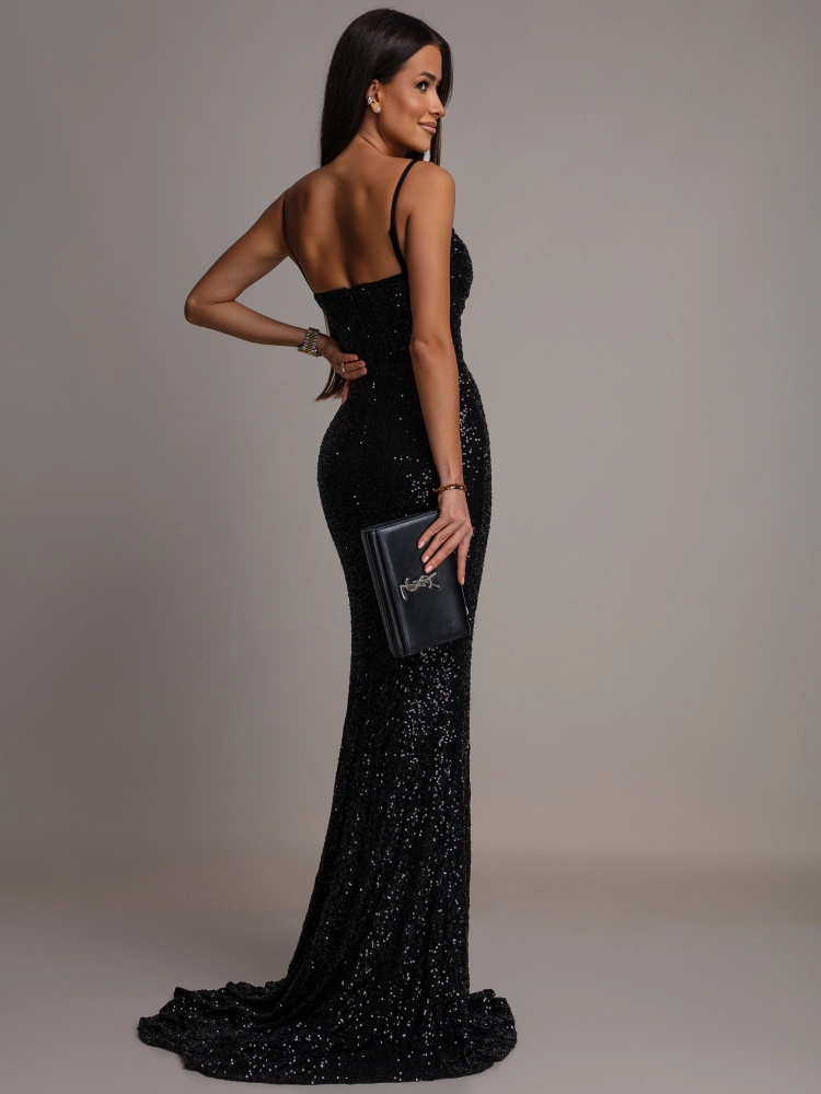 Elegancka sukienka maxi z cekinami czarna PREMIUM / regulowane ramiączka