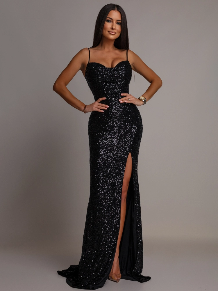 Elegancka sukienka maxi z cekinami czarna PREMIUM / regulowane ramiączka