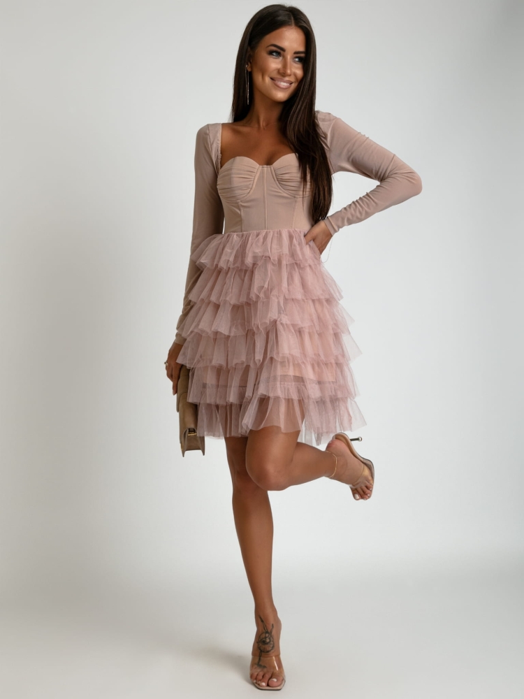 Sukienka z bifiastymi długimi rękawami i tiulowym dołem pudrowy róż PREMIUM