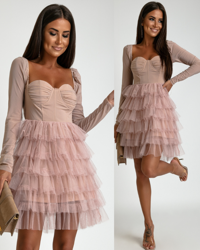 Sukienka z bifiastymi długimi rękawami i tiulowym dołem pudrowy róż PREMIUM