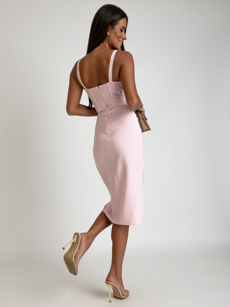 Elegancka sukienka bandażowa na grubych ramiączkach gorsetowa jasny róż PREMIUM