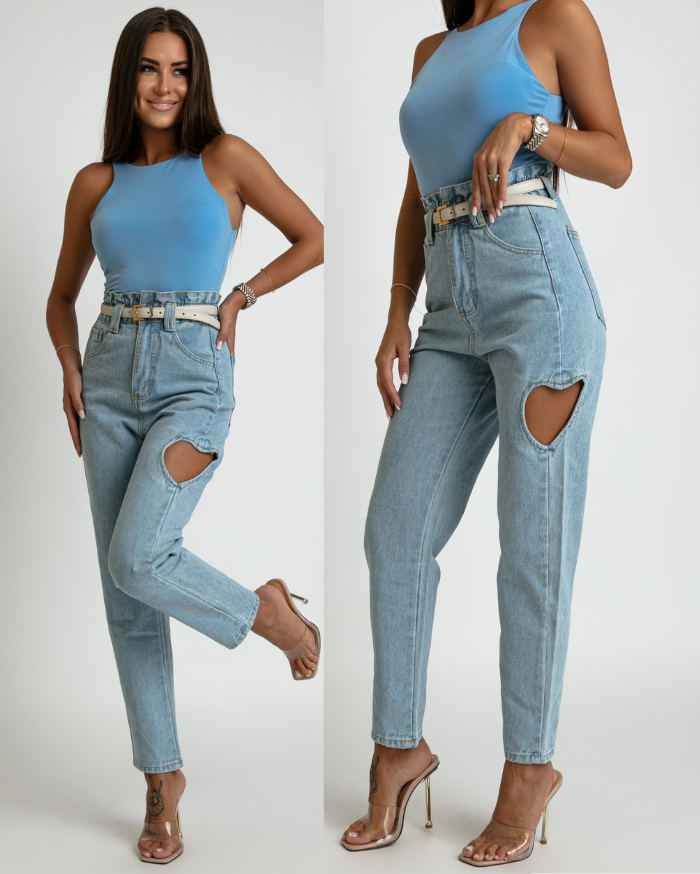 Spodnie wysoki stan z sercem niebieskie jeans jasny