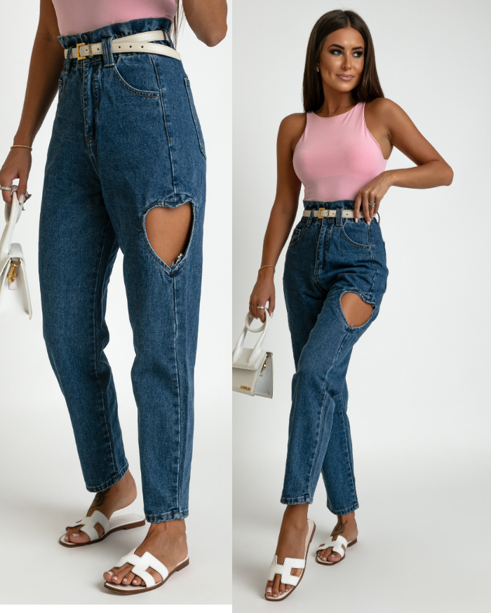 Spodnie wysoki stan z sercem niebieskie jeans ciemne