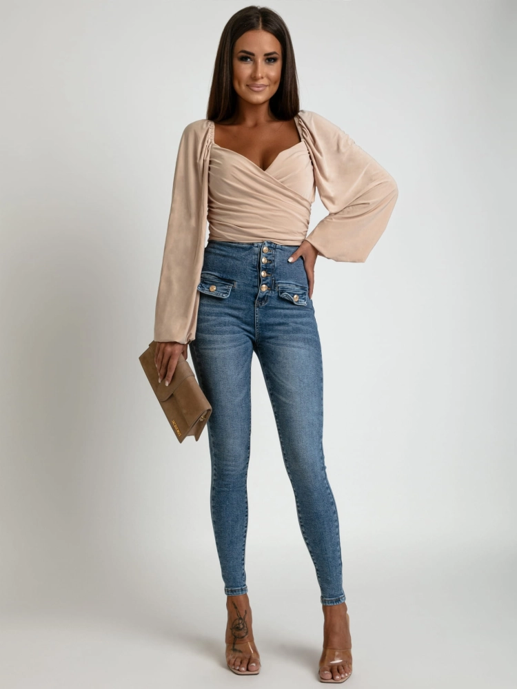 Bluzka wiązana na długi rękaw ozdobne plecy beżowa PREMIUM