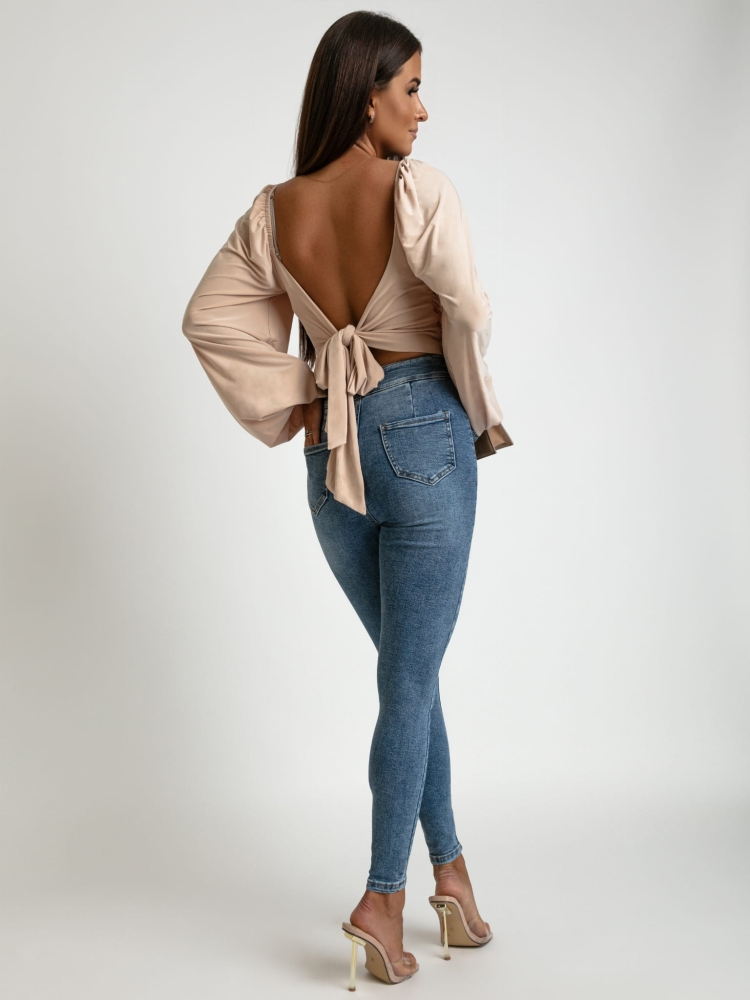 Bluzka wiązana na długi rękaw ozdobne plecy beżowa PREMIUM