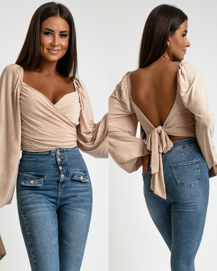 Bluzka wiązana na długi rękaw ozdobne plecy beżowa PREMIUM