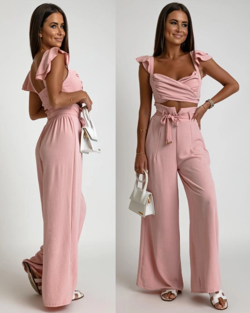 Elegancki komplet spodnie wyoski stan oraz top z falbanką pudrowy róż