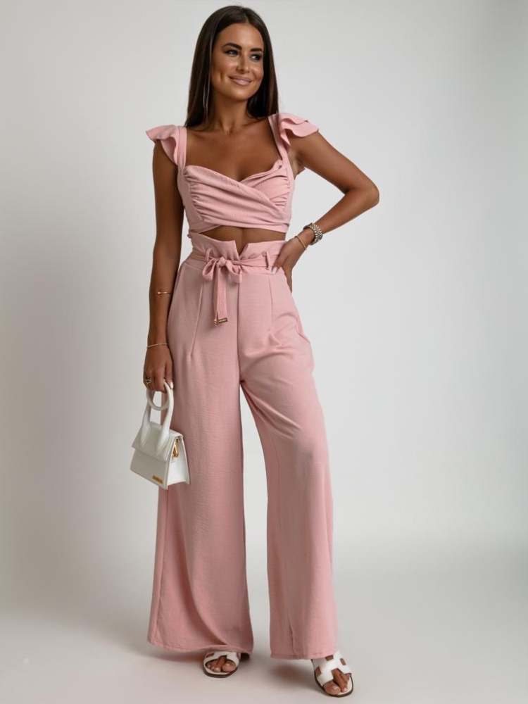 Elegancki komplet spodnie wyoski stan oraz top z falbanką pudrowy róż