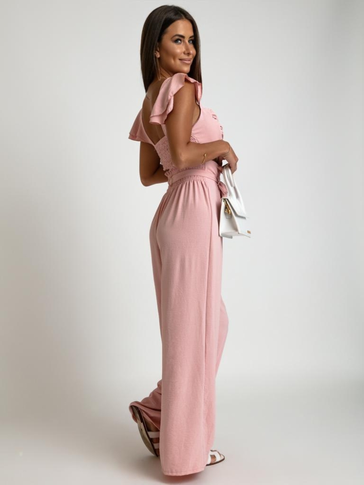 Elegancki komplet spodnie wyoski stan oraz top z falbanką pudrowy róż