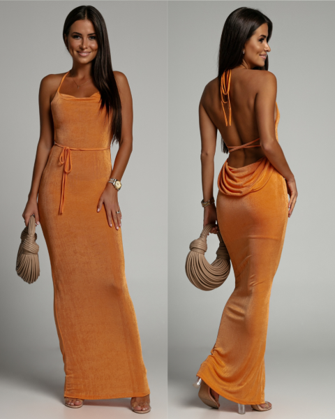 Sukienka plażowa wiązana długa wiązana przez przód pomarańczowa