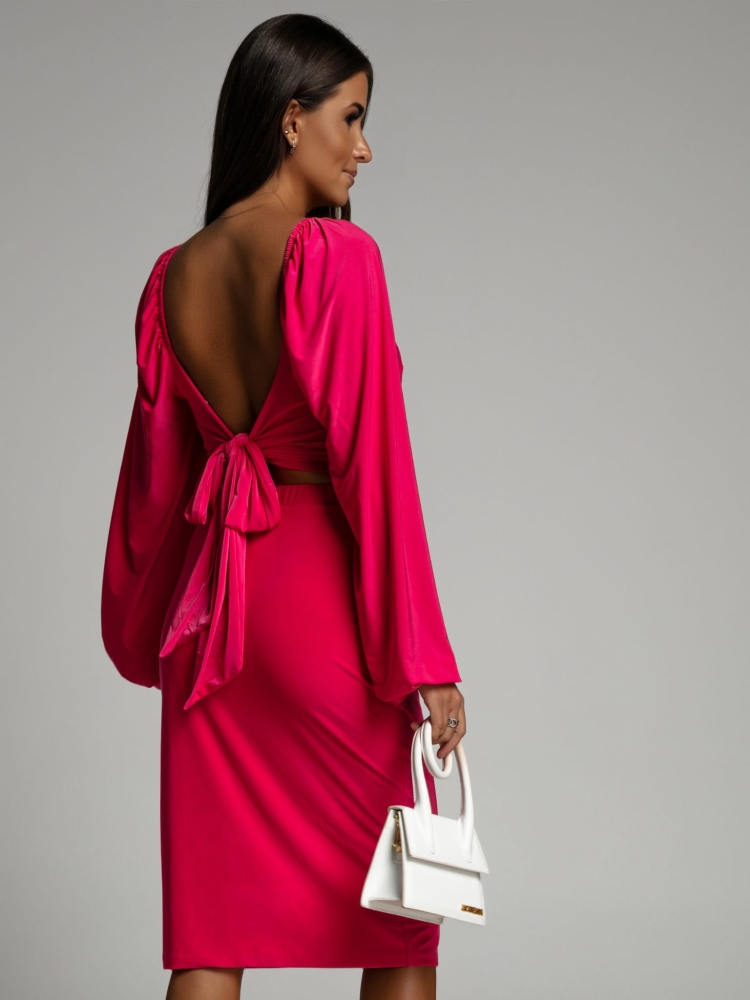 Komplet bluzka wiązana oraz spódnica midi różowy PREMIUM