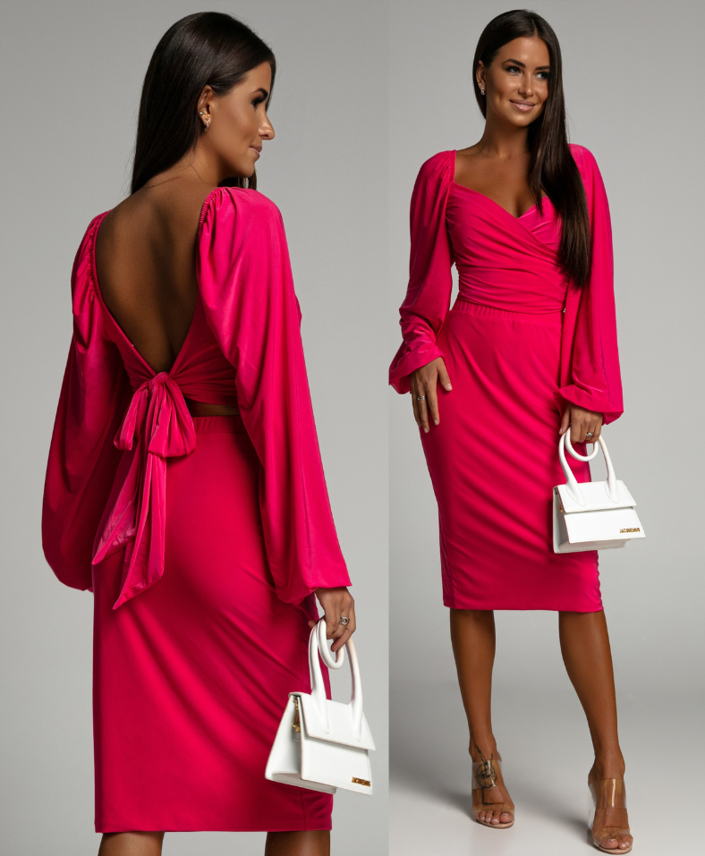 Komplet bluzka wiązana oraz spódnica midi różowy PREMIUM