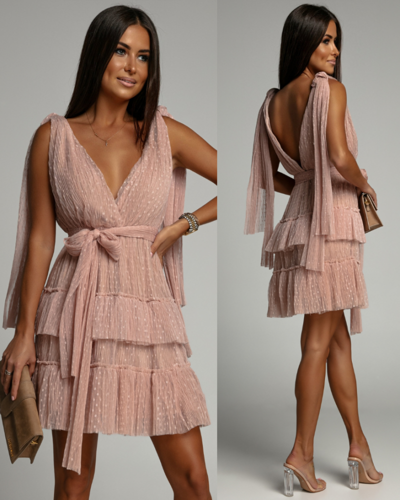 Sukienka tiulowa warstwowa w kropki i kokardki do wiązania beżowa PREMIUM