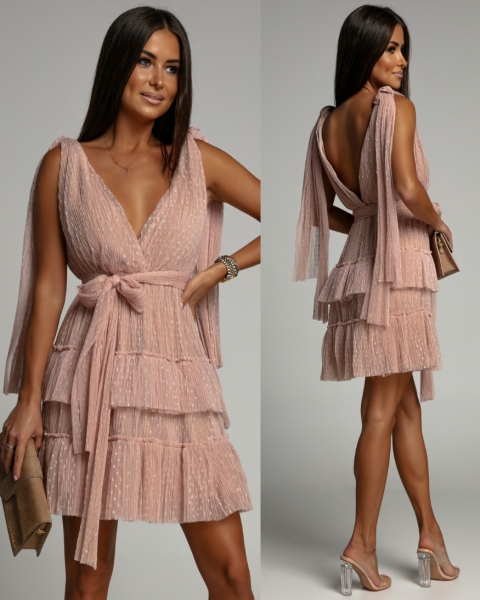 Sukienka tiulowa warstwowa w kropki i kokardki do wiązania beżowa PREMIUM