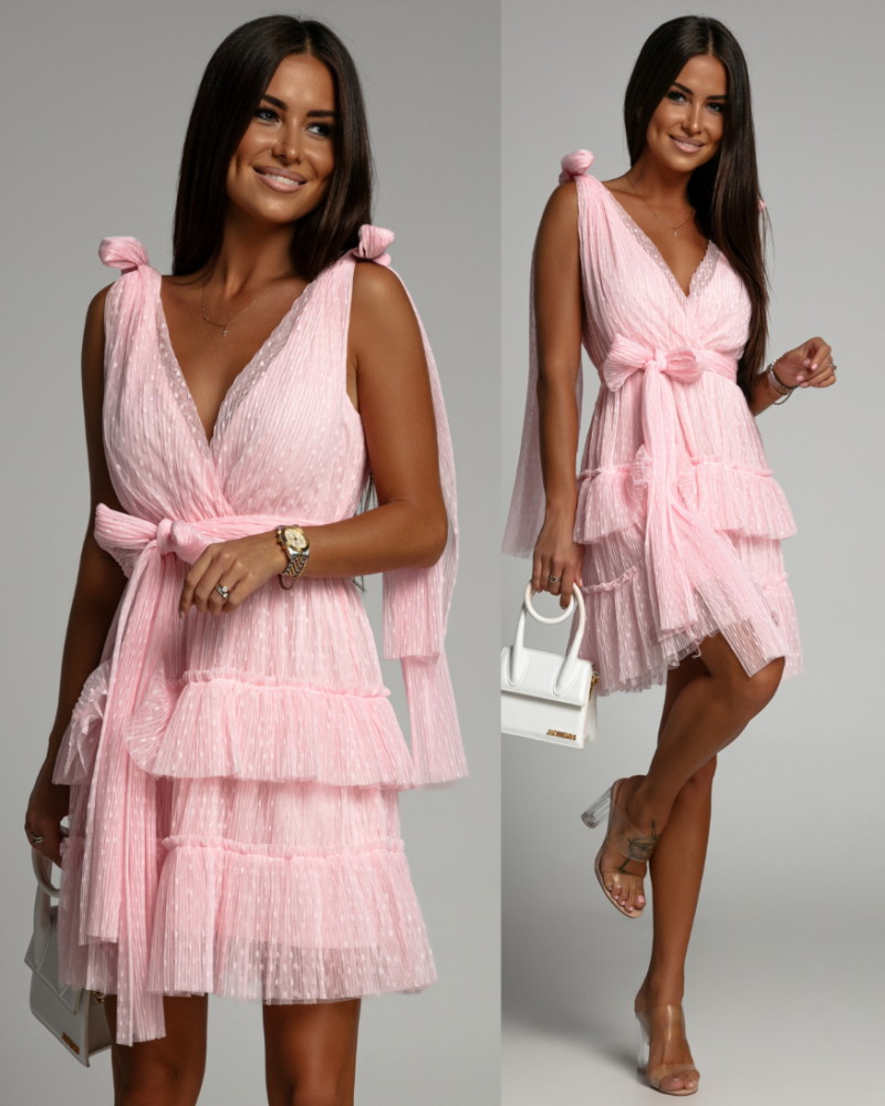 Sukienka tiulowa warstwowa w kropki i kokardki do wiązania pudorwy róż PREMIUM