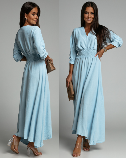Sukienka elegancka midi rękaw 3/4 niebieska PREMIUM