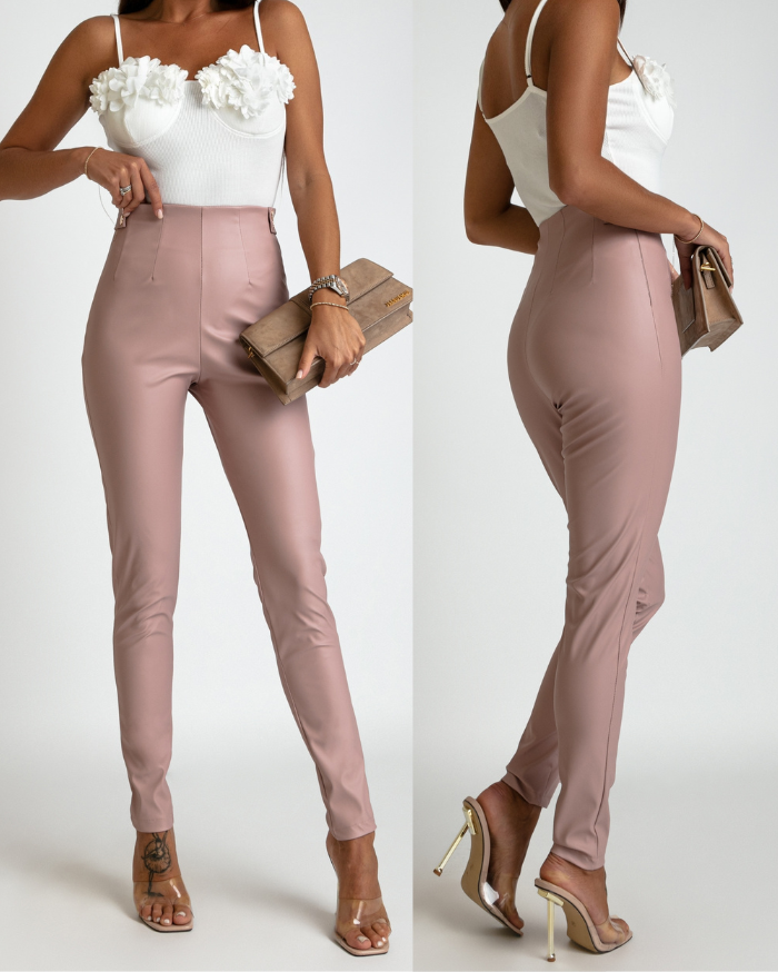 Spodnie woskowane z guzikami ozdobnymi pudrowy róż PREMIUM