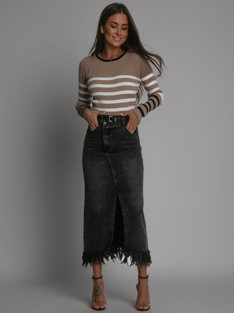 Spódnica midi jeans czarna z frędzlami PREMIUM