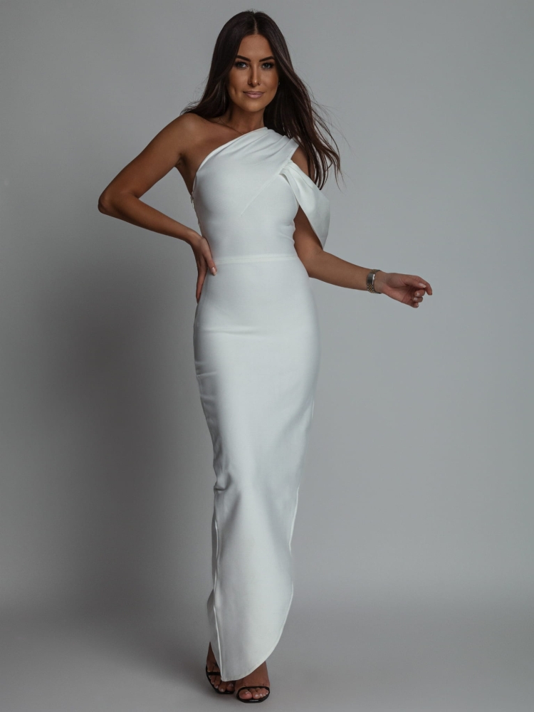 Sukienka elegancka z ozdobnym rękawkiem PREMIUM biała